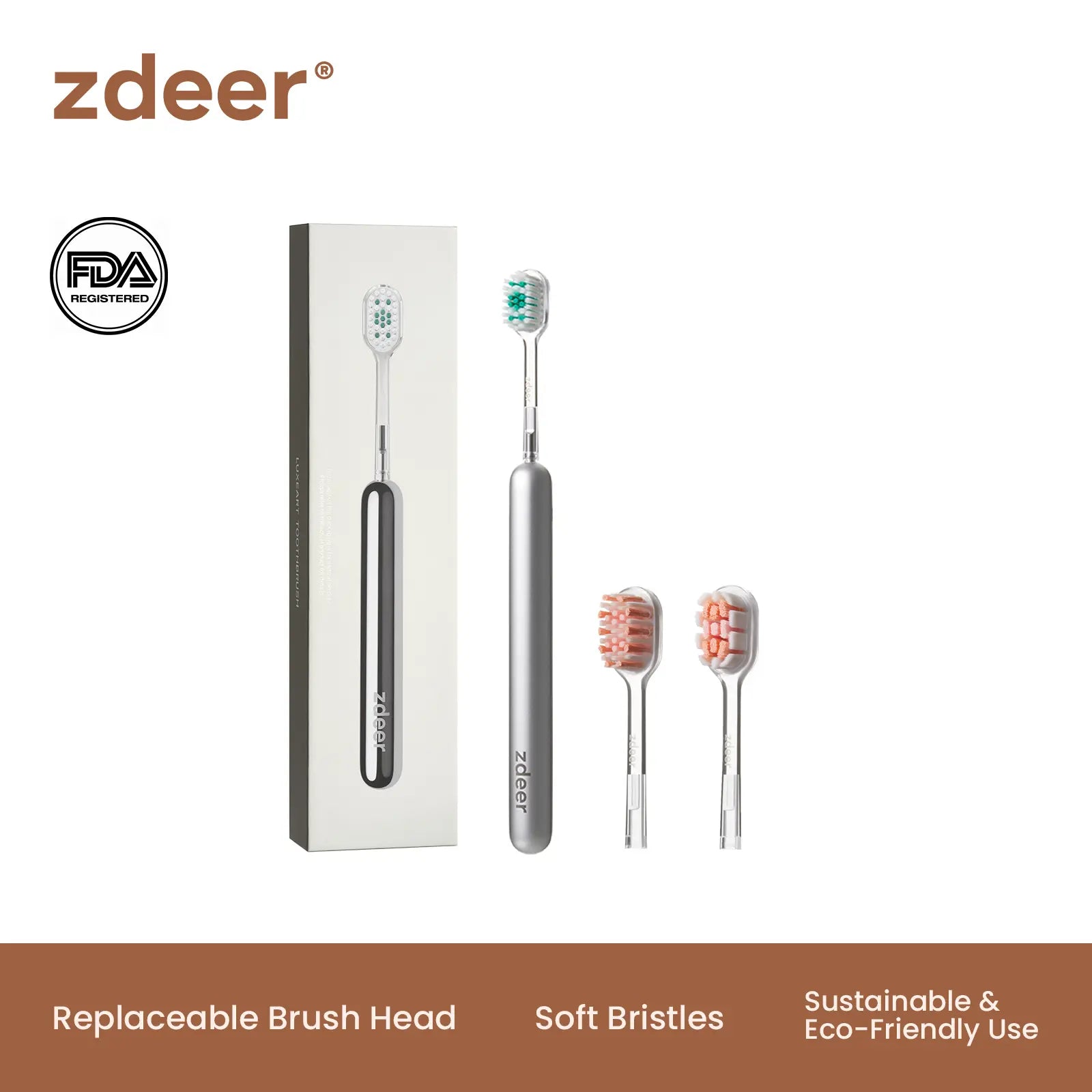 ZDEER LUXEART TOOTHBRUSH Metal Handle with Replaceable Brush Head — Eco-Friendly and Reusable Oral Sustainable