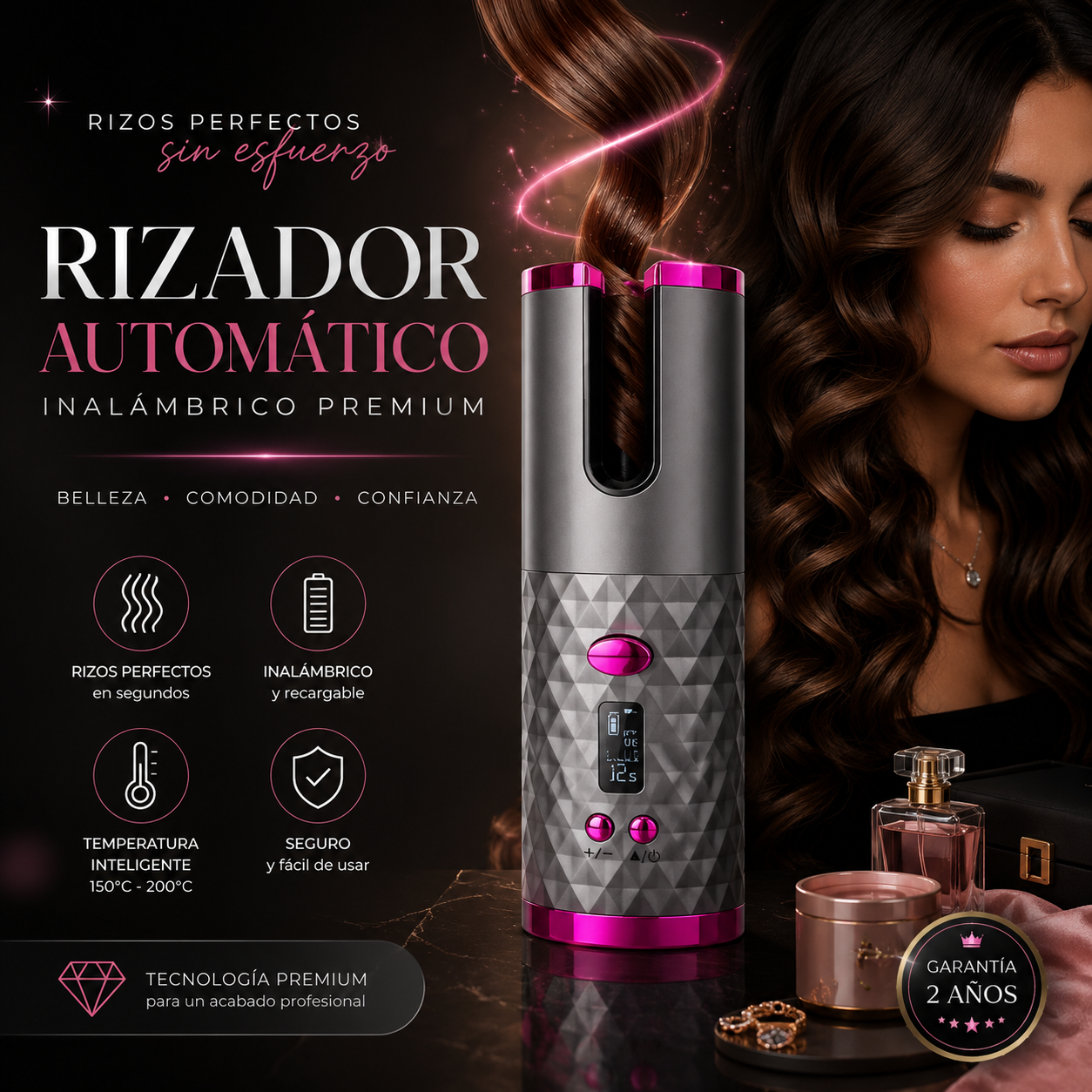 Rizador de Pelo Automático Inalámbrico con Control de Temperatura