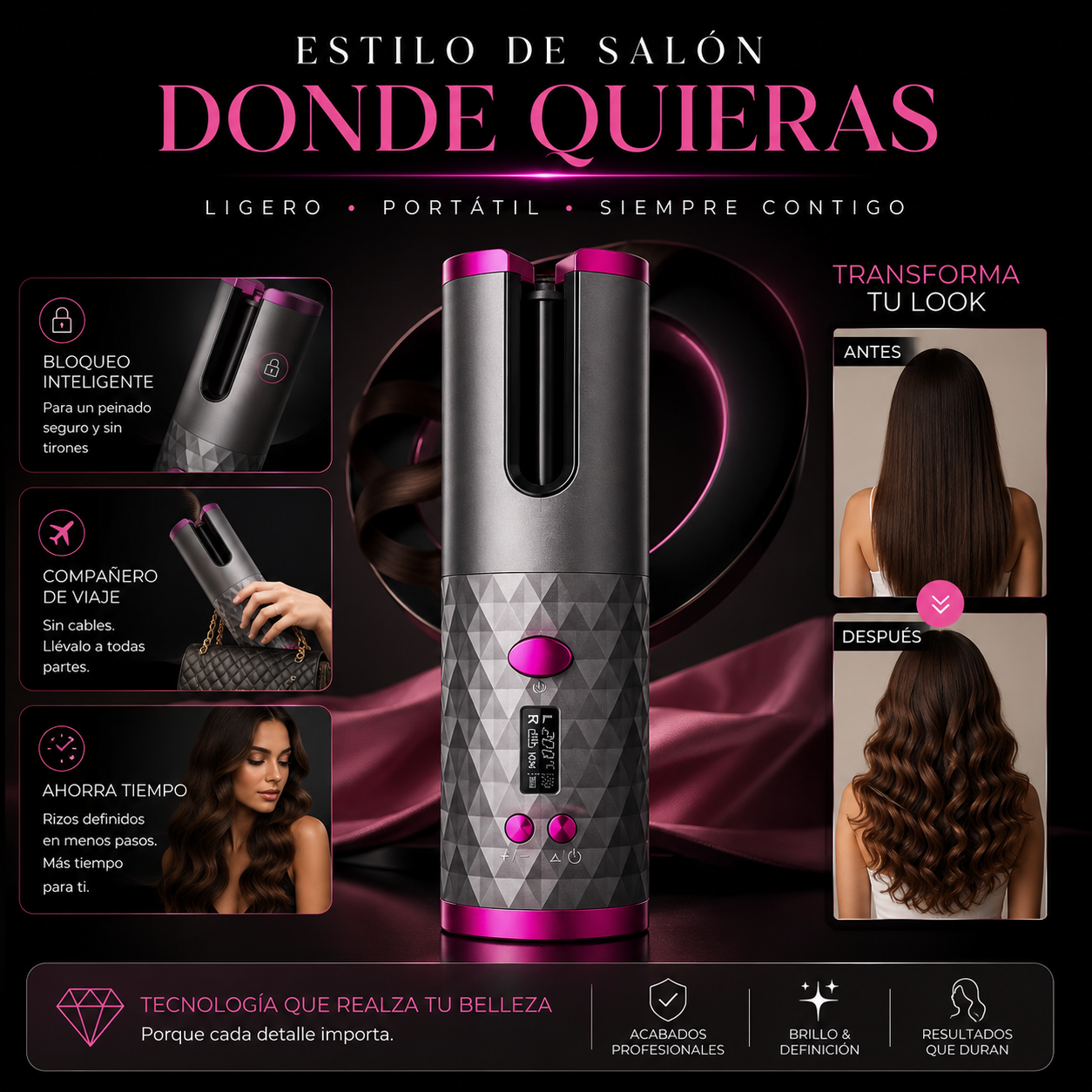 Rizador de Pelo Automático Inalámbrico con Control de Temperatura