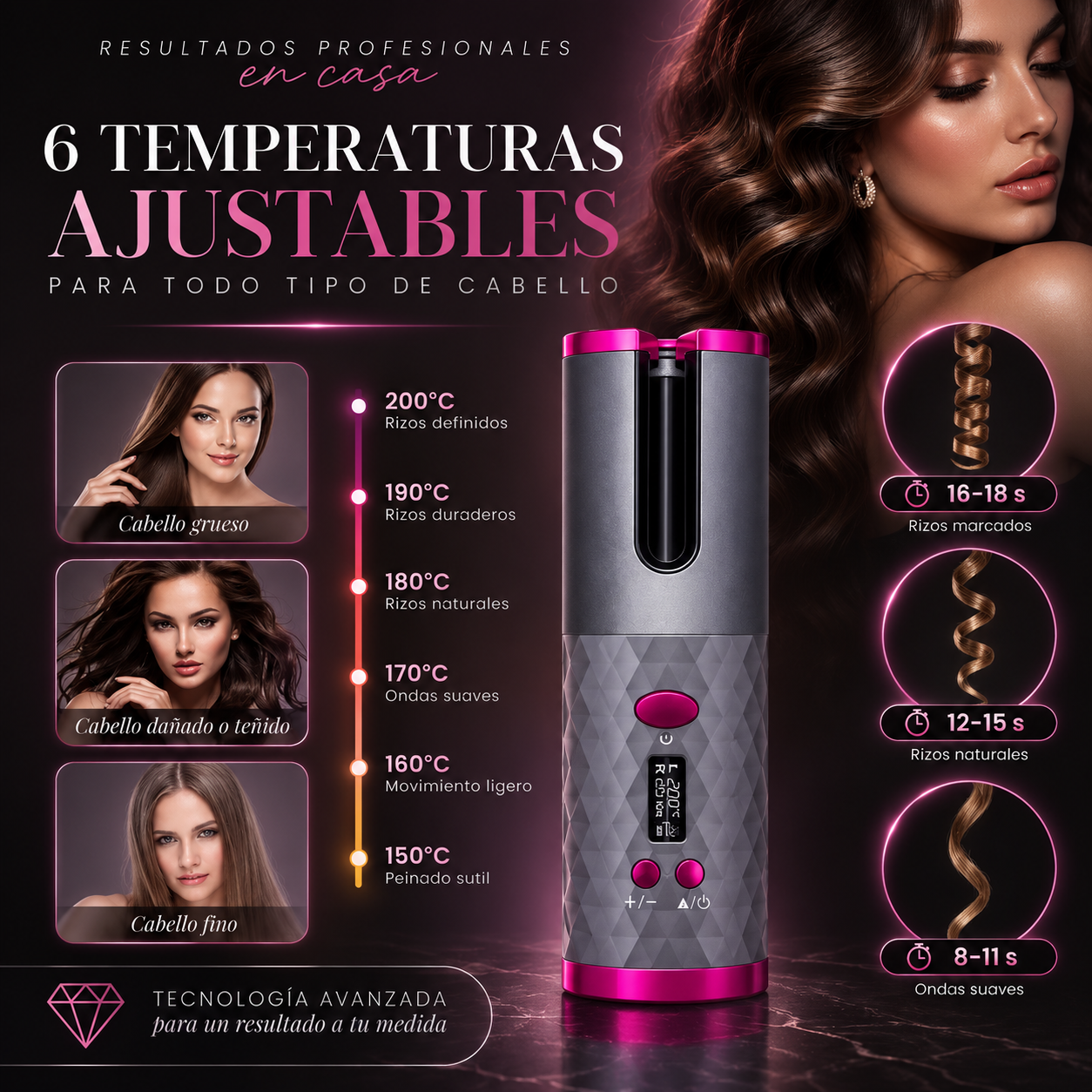 Rizador de Pelo Automático Inalámbrico con Control de Temperatura